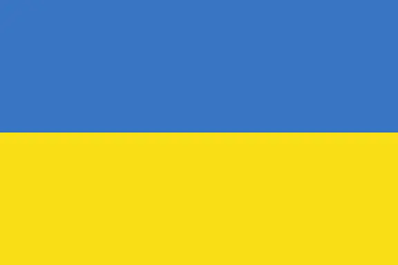 Zweifarbige Flagge mit zwei gleich großen horizontalen Streifen: oben Blau, unten Gelb – die Nationalflagge der Ukraine.