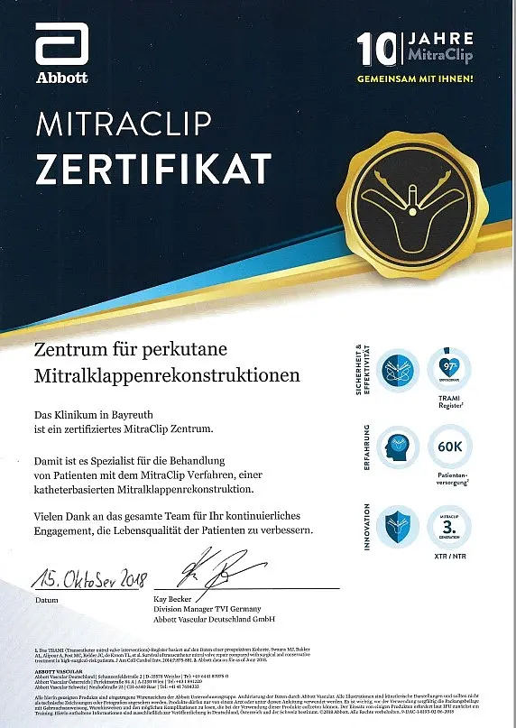 Zertifikat von Abbott: Klinikum in Bayreuth als zertifiziertes MitraClip-Zentrum für perkutane Mitralklappenrekonstruktionen. Bestätigung der Spezialisierung auf katheterbasierte Mitralklappenrekonstruktion; ausgestellt am 15. Oktober 2019.