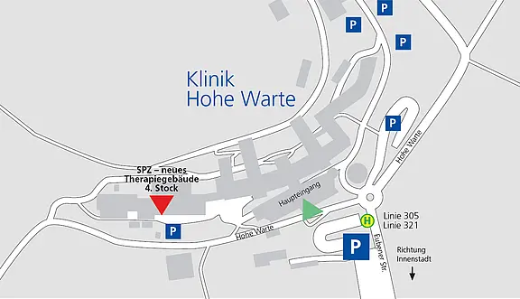 Lageplan der Klinik Hohe Warte mit dem neuen Therapiegebäude im vierten Stock, gekennzeichnet durch einen roten Pfeil. Der Hauptzugang ist hervorgehoben. Parkmöglichkeiten sind durch blaue P-Symbole angezeigt. Haltestelle für Buslinien 305 und 321 befindet sich in der Nähe.