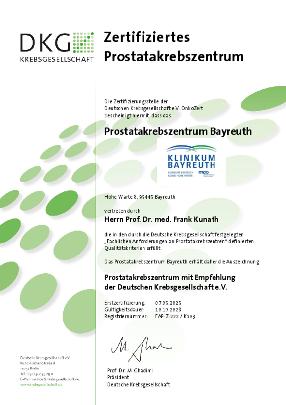 Zertifikat der Deuschen Krebsgesellschaft für das Prostatakrebszentrum der Klinikum Bayreuth GmbH mit Gültigkeit bis 10.10.2028.