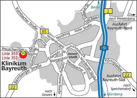 Stadtplan zeigt Lage des Klinikums Bayreuth westlich der A9. Markiert ist die Haltestelle Preuschwitzer Straße (Linien 303, 307). Zufahrten über A9 Ausfahrten Bayreuth-Nord und -Süd sowie B22/B85; Innenstadt und umliegende Straßen sind skizziert.