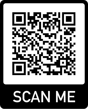 Schwarz-weißer QR‑Code mit darunterstehendem Hinweis „SCAN ME“. Aufforderung, den Code mit dem Smartphone zu scannen, um eine verlinkte Seite oder Informationen zu öffnen.