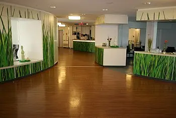 Der Raum zeigt einen hellen Empfangsbereich mit abgerundeten Wänden, die mit grünem Grasdesign dekoriert sind. Der Boden ist aus Holz und die Einrichtung ist modern. Im Hintergrund sind einige Räume und eine Empfangstheke sichtbar.