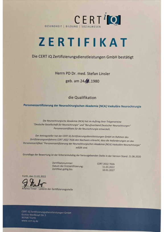 Personenzertifizierung der Neurochirurgischen Akademie (NCA) Vaskuläre Neurochirurgie