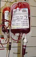 Zwei mit Blut gefüllte Transfusionsbeutel hängen an einem Ständer; Schläuche und Anschlüsse sind sichtbar, Etiketten mit Spenderdaten. Symbolisiert Blutspende bzw. Bluttransfusion im Krankenhaus.