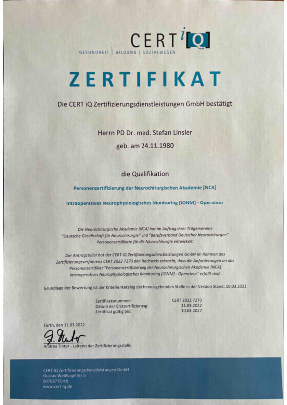 Zertifikat Intraoperatives Neurophysiologisches Monitoring (IONM) - Operateur