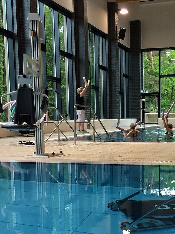 In einem Hallenbad leitet eine Person am Beckenrand eine Wassergymnastikstunde; Teilnehmende im Wasser heben die Arme und halten Poolnudeln.