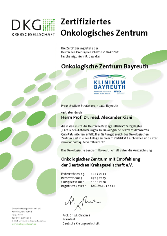 Zertifikat der Deuschen Krebsgesellschaft für das Onkologische Zentrum der Klinikum Bayreuth GmbH mit Gültigkeit bis 10.10.2028.