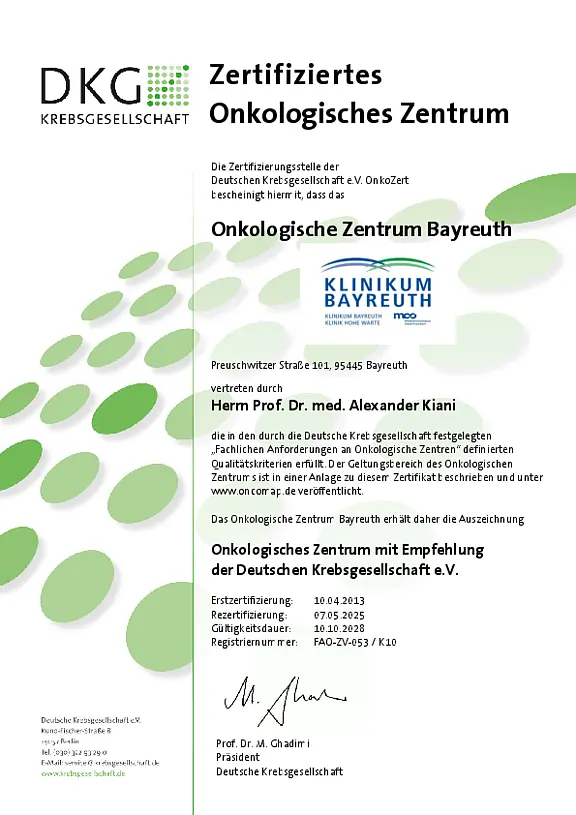 Zertifikat der Deuschen Krebsgesellschaft für das Onkologische Zentrum der Klinikum Bayreuth GmbH mit Gültigkeit bis 10.10.2028.