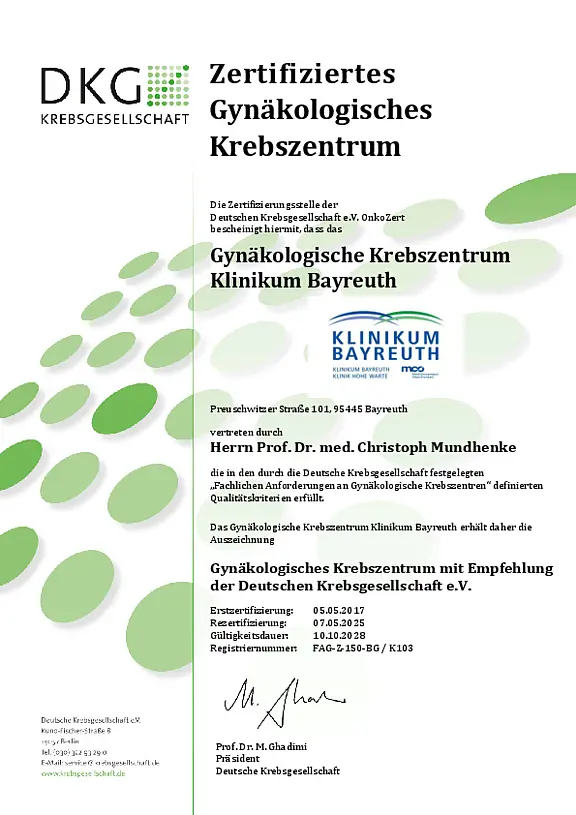 Zertifikat der Deuschen Krebsgesellschaft für das Gynäkologische Krebszentrum der Klinikum Bayreuth GmbH mit Gültigkeit bis 10.10.2028.