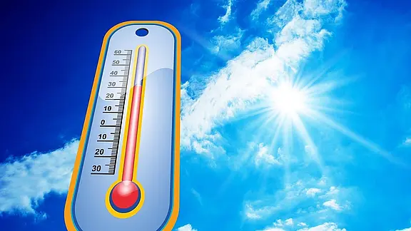 Therometer in der Sonne Strahlende Sonne am blauen Himmel; daneben ein Thermometer mit hoher roter Säule – Symbol für starke Sommerhitze.