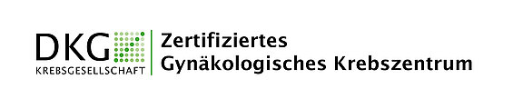 Logo der Deutschen Krebsgesellschaft (DKG) mit grünem Punktraster. Text: „Zertifiziertes Gynäkologisches Krebszentrum“. Kennzeichnet die offizielle DKG-Zertifizierung eines gynäkologischen Krebszentrums.