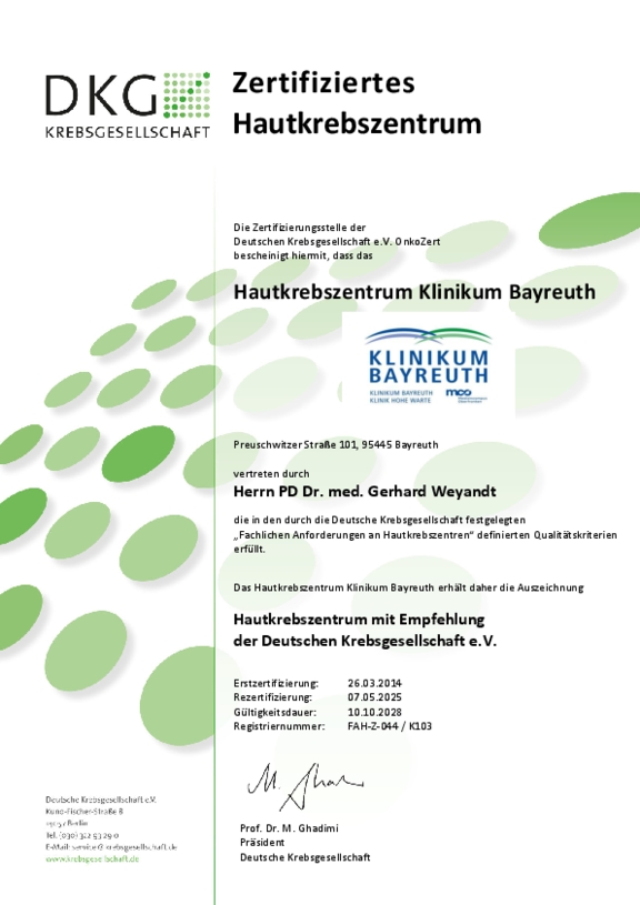 Zertifikat der Deuschen Krebsgesellschaft für das Hautkrebszentrum der Klinikum Bayreuth GmbH mit Gültigkeit bis 10.10.2028.