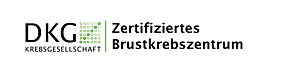 Logo der Deutschen Krebsgesellschaft (DKG) mit grünem Quadrat; daneben der Schriftzug „Zertifiziertes Brustkrebszentrum“. Weist auf eine von der DKG zertifizierte Einrichtung hin.