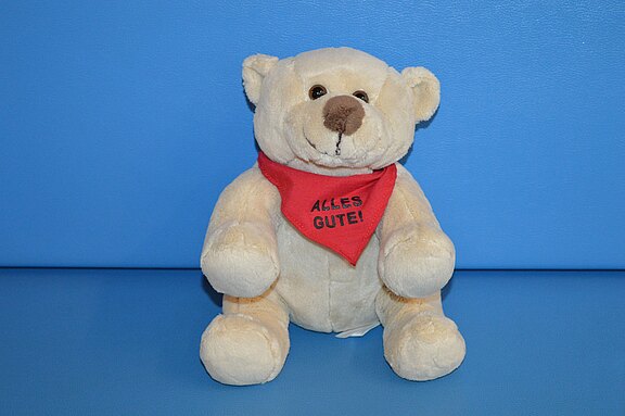 Beiger Plüsch-Teddybär sitzt frontal vor blauem Hintergrund und trägt ein rotes Halstuch mit der Aufschrift „ALLES GUTE!“.