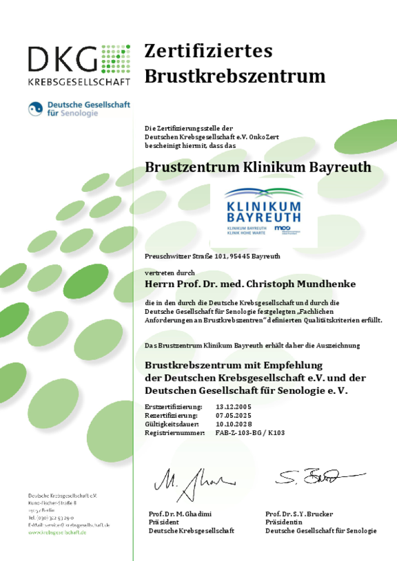 Zertifikat der Deuschen Krebsgesellschaft für das Brustzentrum der Klinikum Bayreuth GmbH mit Gültigkeit bis 10.10.2028.