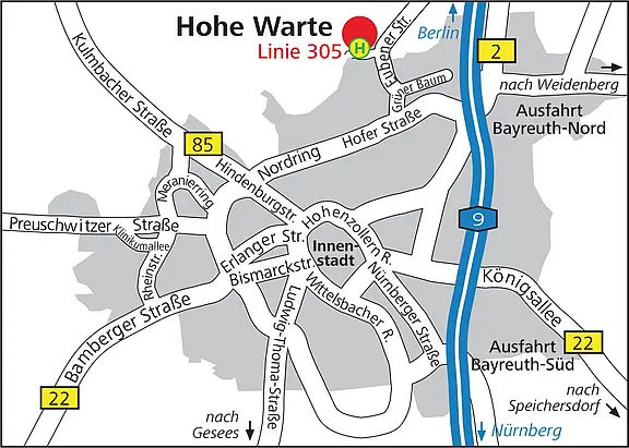 Karte von Bayreuth mit Markierung „Hohe Warte“ (Bus Linie 305). Die A9 verläuft rechts mit Ausfahrten Bayreuth-Nord und -Süd; Bundesstraßen B22 und B85 sind eingezeichnet. Innenstadt mittig, Zufahrten über Hofer Straße, Hindenburgstraße und Hohenzollernring. Pfeile zeigen Richtungen Berlin und Nürnberg.