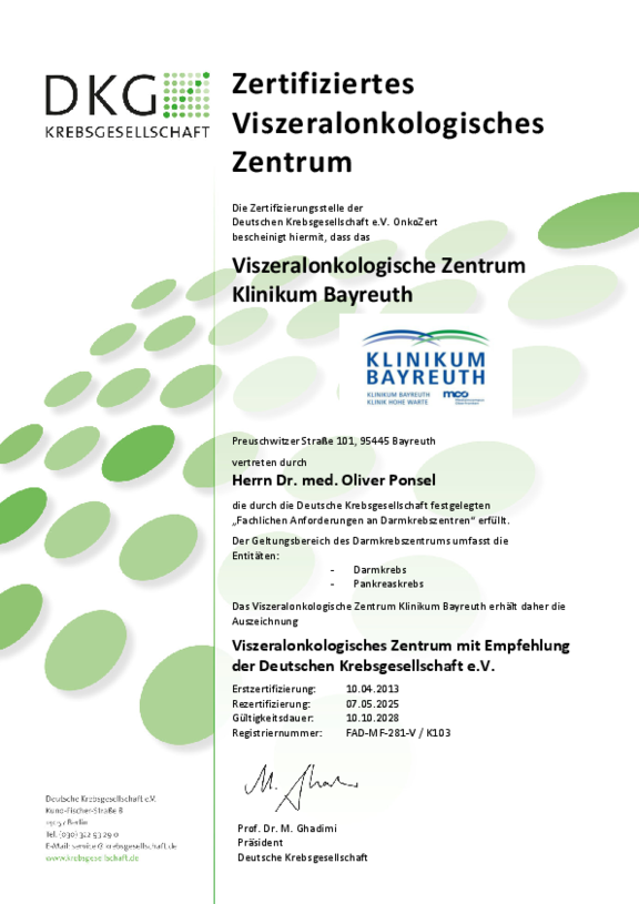 Zertifikat der Deuschen Krebsgesellschaft für das Viszeralonkologische Zentrum der Klinikum Bayreuth GmbH mit Gültigkeit bis 10.10.2028.