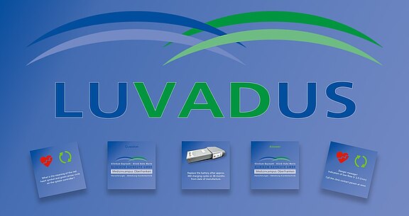 Ein Logo mit dem Text "LUVADUS" in großen Buchstaben auf blauem Hintergrund. Darunter sind verschiedene Informationskästen mit Fragen und Antworten zu einem medizinischen Gerät, einschließlich Symbole für Herz und Gefahr sowie spezifische Anweisungen zur Batterie und Kontaktinformationen.