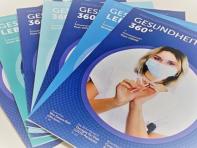 Mehrere Magazine „GESUNDHEIT 360°“ mit Schwerpunkt Post‑COVID; auf dem Titelbild eine medizinische Fachkraft mit Maske, die eine Spritze vorbereitet.