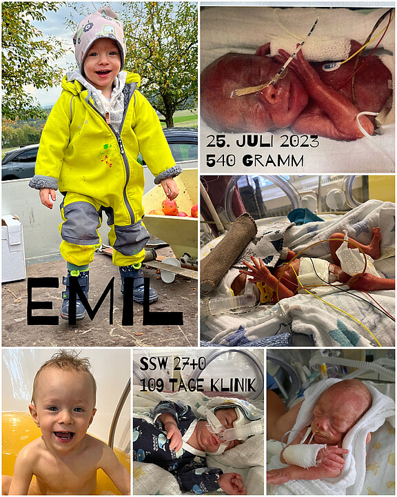 Bildkollage von Emil. Seine Entwicklung vom Frühgeborenen zum fröhlichen zweijährigen Kind