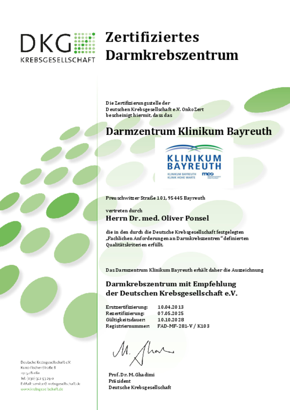 Zertifikat der Deuschen Krebsgesellschaft für das Darmkrebszentrum der Klinikum Bayreuth GmbH mit Gültigkeit bis 10.10.2028.