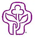 Lila, stilisiertes Logo: Umriss einer Person; in der Mitte eine Blume mit Stiel und zwei Blättern auf weißem Hintergrund.