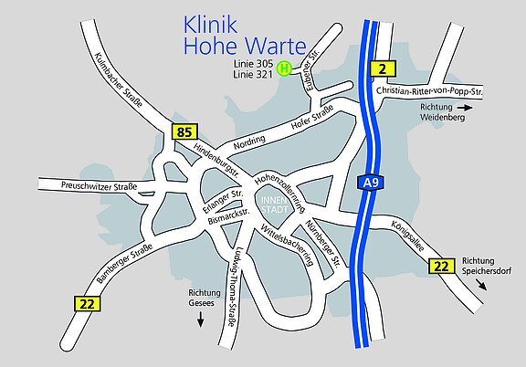 Bild eines Stadtplans mit Anfahrtmöglichkeiten zru Klinik Hohe Warte