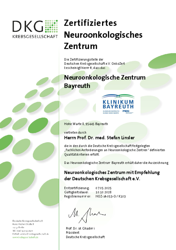 Zertifikat der Deuschen Krebsgesellschaft für das Neuroonkologische Zentrum der Klinikum Bayreuth GmbH mit Gültigkeit bis 10.10.2028.