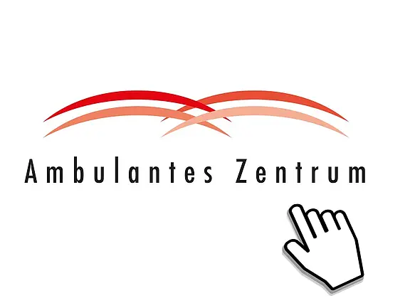 Logo „Ambulantes Zentrum“: schwarzer Schriftzug, darüber drei rote, bogenförmige Linien in unterschiedlichen Rottönen.
