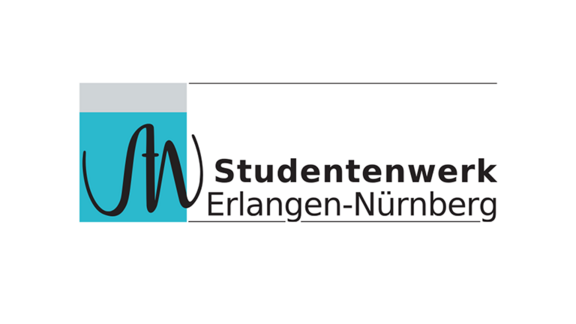 Logo des Studentenwerks Erlangen-Nürnberg. Das Design umfasst den Schriftzug "Studentenwerk" in schwarzer Schrift und den Zusatz "Erlangen-Nürnberg", umgeben von einem blauen und grauen Hintergrund.