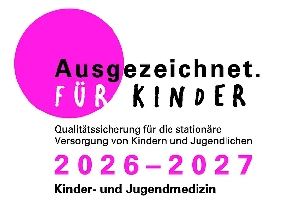Gütesiegel „Ausgezeichnet. FÜR KINDER“: Qualitätssicherung für die stationäre Versorgung von Kindern und Jugendlichen, gültig 2026–2027, Bereich Kinder- und Jugendmedizin.
