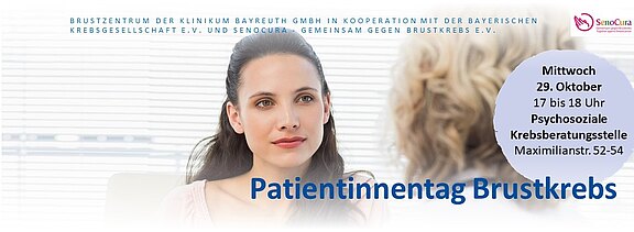 Banner: Patientinnentag Brustkrebs. Foto: Frau im Beratungsgespräch. Termin: Mittwoch, 29. Oktober, 17–18 Uhr. Ort: Psychosoziale Krebsberatungsstelle, Maximilianstraße 52–54.