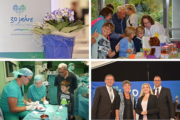 Bildbeschreibung: Die Collage zeigt verschiedene Szenen aus einer Veranstaltung des Klinikums Bayreuth. Oben ist eine blühende Pflanze und eine Gruppenaktivität mit Kindern zu sehen. Unten sind Ärzte in einem OP-Saal bei einer Schulung und eine offizielle Gruppe von Personen bei einer Veranstaltung abgebildet.