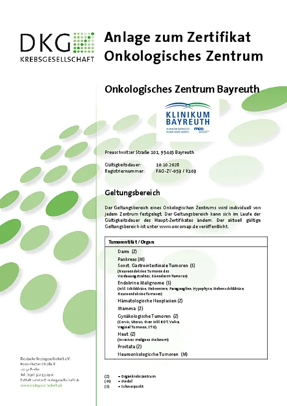 Anlage zum Zertifikat der Deutschen Krebsgesellschaft für das Onkologische Zentrum der Klinikum Bayreuth GmbH. Der akteulle Gültigkeitsbereich umfasst folgende Tumorentitäten/Organe: Darm, Pankreas, sonstige Gastrointestinale Tumore, Endokrine Malignome, Hämatologische Neoplasien, Mamma, gynäkologische Tumore, Haut, Prostata, neuroonkologische Tumore.