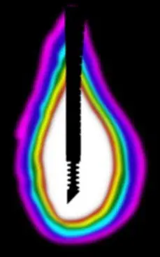 Eine schwarze Schraube, die senkrecht in der Mitte dargestellt ist, wird von einer regenbogenfarbenen, tropfenförmigen Umrandung umgeben. Der Hintergrund ist schwarz, was die Farben der Umrandung hervorhebt.