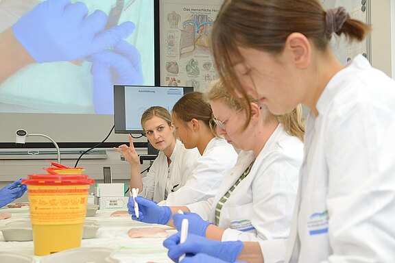 Eine Gruppe von Auszubildenden in weißen Kitteln arbeitet konzentriert an einer praktischen Übung. Die Person in der Mitte erklärt etwas, während die anderen auf ihr Material schauen und mit Werkzeugen arbeiten. Im Hintergrund ist eine Präsentation über anatomische Schnitte zu sehen.