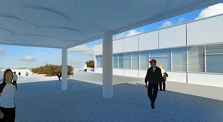 Eine moderne Architekturansicht mit einem überdachten Bereich, in dem Personen spazieren gehen. Im Hintergrund sind große Fenster vorhanden, die auf eine helle, wolkige Landschaft zeigen. Die Szene vermittelt eine einladende und offene Atmosphäre.