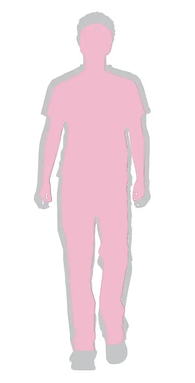 Einfache Grafik: eine pinke Silhouette einer Person in frontaler Ansicht, im Gehen. Grauer Umriss als Schatten, neutraler Hintergrund.