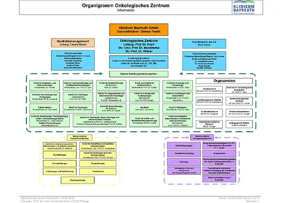Organigramm des Onkologischen Zentrums: Darstellung der Leitungsstruktur mit Geschäftsführung, Qualitätsmanagement, Koordinationsstelle und Lenkungsausschuss. In der Mitte interdisziplinäre Tumorkonferenzen. Darunter Organ- und Fachzentren sowie Unterstützungsangebote wie Pflege, Sozialdienst, Psychoonkologie, Ernährungsberatung, Seelsorge und Palliativmedizin.