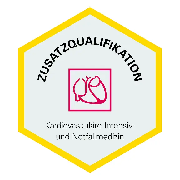 Ein sechseckiges Emblem mit dem Text "Zusatzqualifikation" oben. In der Mitte befindet sich ein ikonisches Herzsymbol. Darunter steht "Kardiovaskuläre Intensiv- und Notfallmedizin". Die Farben sind grau, rosa und gelb.