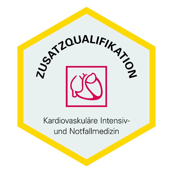Ein sechseckiges Emblem mit dem Text "Zusatzqualifikation" oben. In der Mitte befindet sich ein ikonisches Herzsymbol. Darunter steht "Kardiovaskuläre Intensiv- und Notfallmedizin". Die Farben sind grau, rosa und gelb.