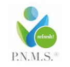 Logo: abstrakte Person aus blauen und grünen Formen; grüner Kreis mit „refresh!“; darunter Schriftzug „P.N.M.S.“.
