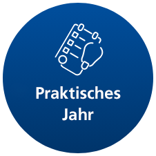 Rundes Symbol mit einem Icon, das eine Checkliste oder ein Planungstool darstellt. Darunter steht der Text "Praktisches Jahr". Das Bild vermittelt den Fokus auf praktische Erfahrungen oder berufliche Weiterbildung.