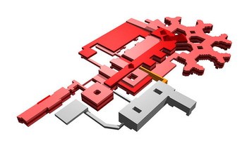 Die Abbildung zeigt eine schematische Darstellung von Bauteilen in Rot und Weiß, die miteinander verbunden sind. Es gibt verschiedene geometrische Formen, darunter Rechtecke und eine Schneeflockenähnliche Struktur, die an einem bestimmten Punkt hervortritt. Die Anordnung vermittelt einen technischen oder mechanischen Kontext.